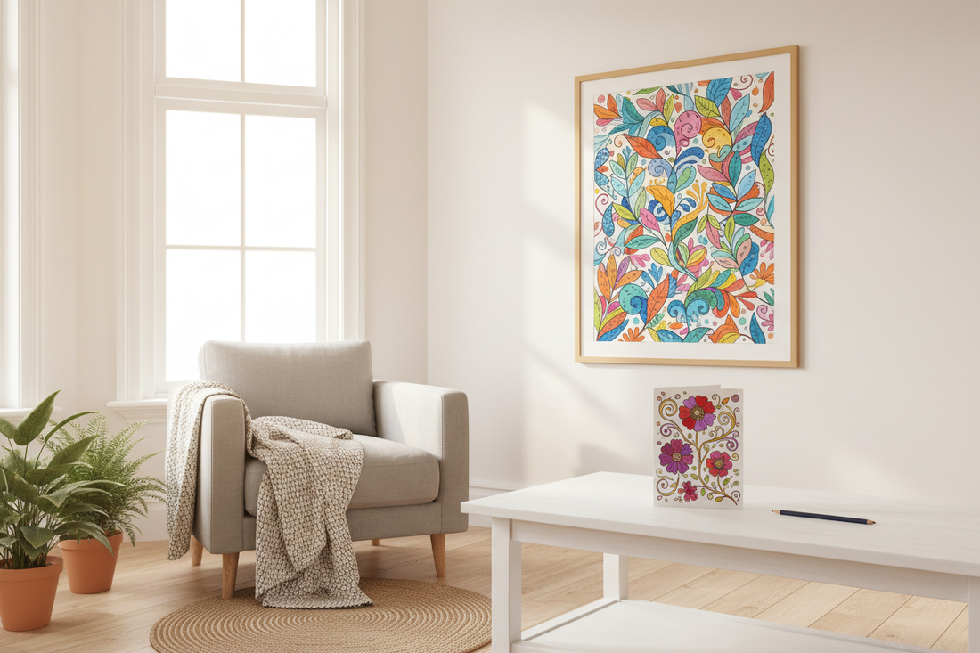 A framed botanical colouring page displayed as wall art in a bright living room, with a handmade birthday card made from a coloured