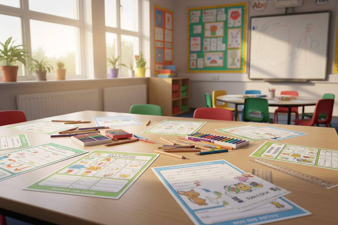 Colourful printable worksheets spread on a classroom desk with pencils and crayons — educational resources for UK primary school children