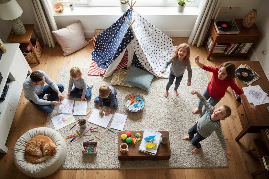 A family enjoying free and budget-friendly activities at home together — colouring, den building, paper crafts and dancing