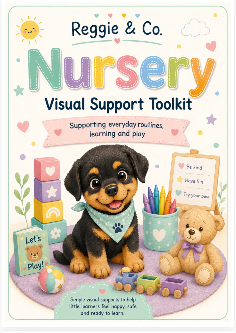 Front cover of the Nursery Visual Support Toolkit by Reggie & Co., featuring a cute cartoon puppy, teddy bear, toys, and playful text on a soft pastel background.
