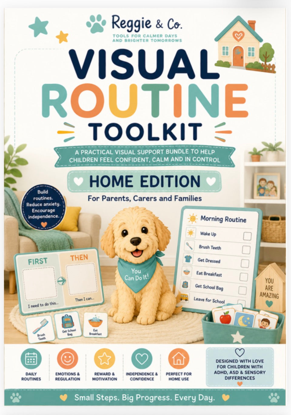 Visual Routine Toolkit Home Edition by Reggie & Co – printable visual support bundle for children with ADHD, ASD and sensory differences, including morning routine chart, first/then board and daily activity cards