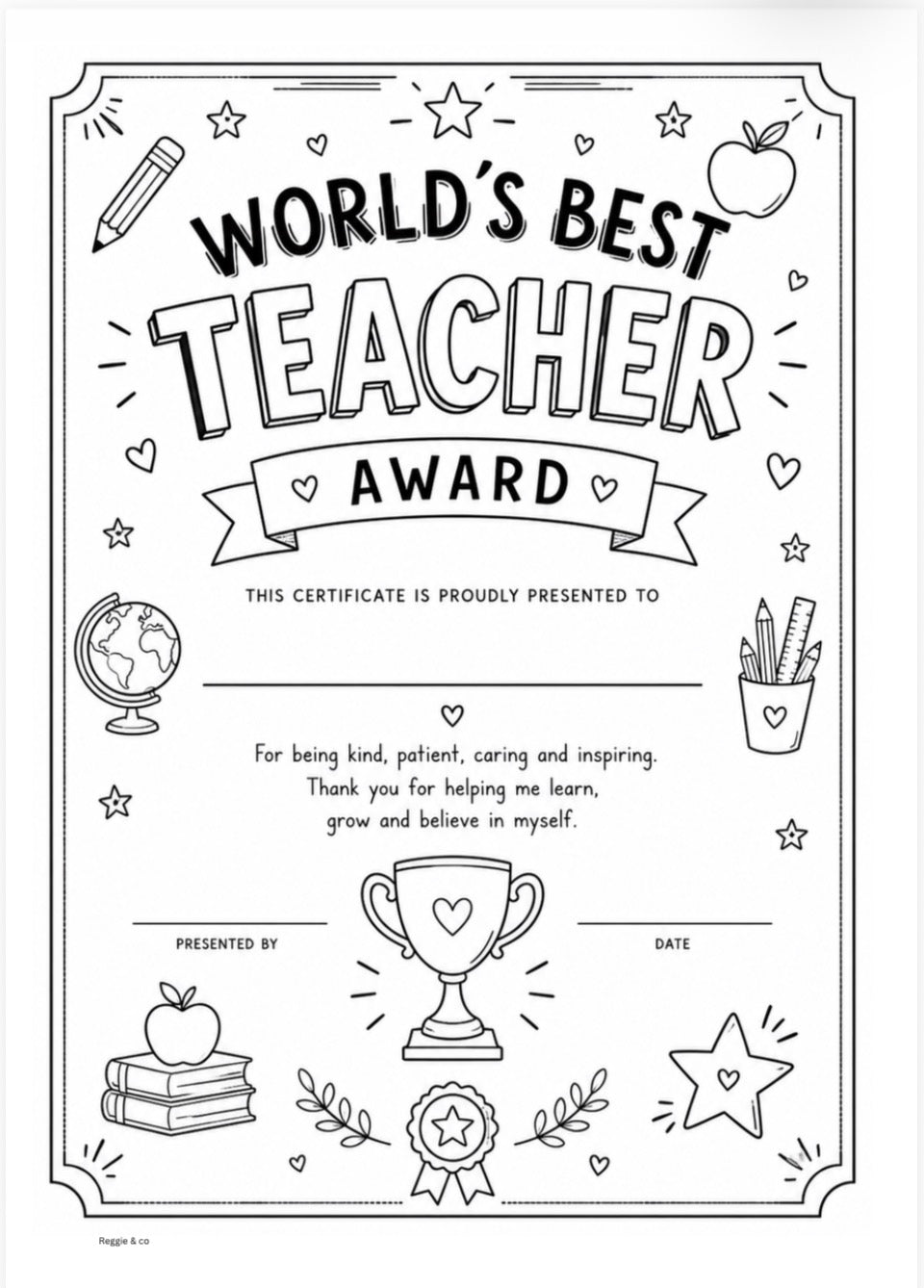 Printable World's Best Teacher Award certificate with hand-drawn illustrations of apples, stars, pencils and a trophy