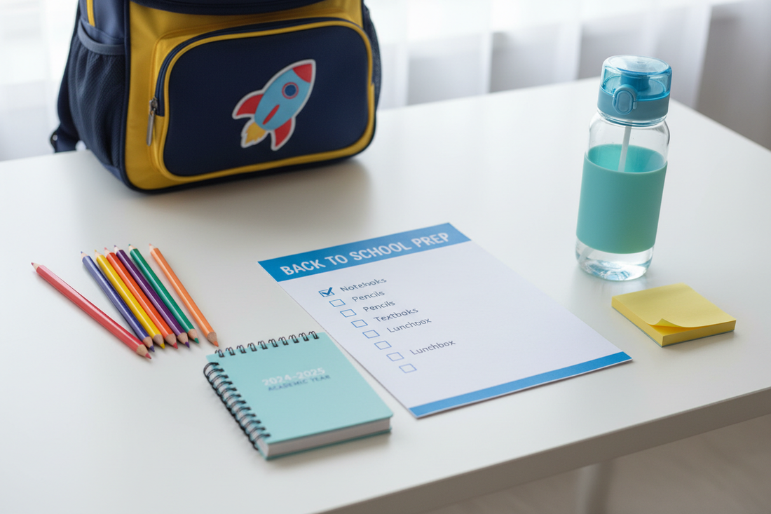 Flat lay of back to school supplies including a printed checklist, colourful pencils, planner and water bottle on a white desk