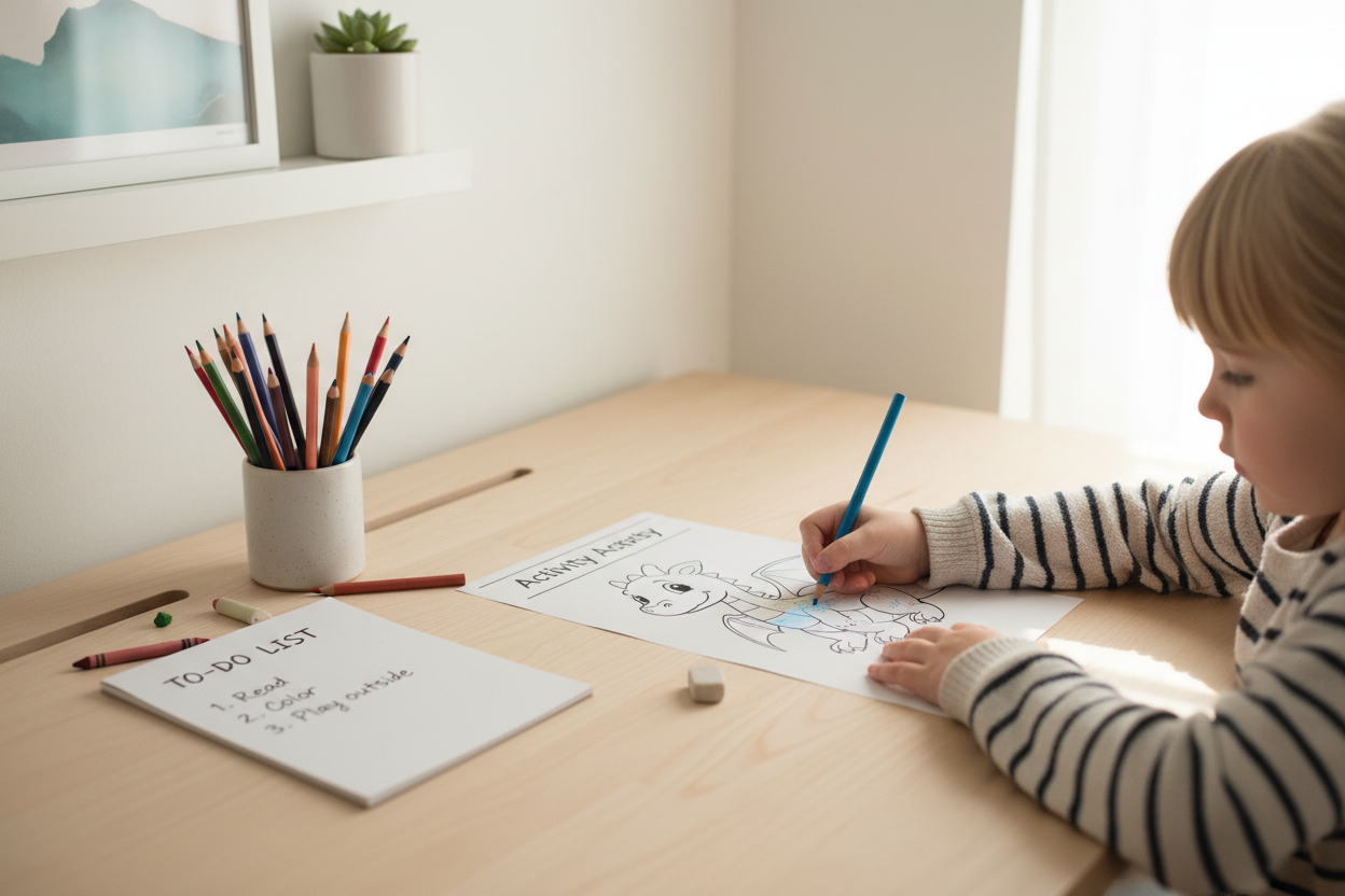 Child sitting at a wooden desk calmly colouring a printable page with a simple to-do list notepad and pencils nearby — supporting focus and task completion for ADHD kids