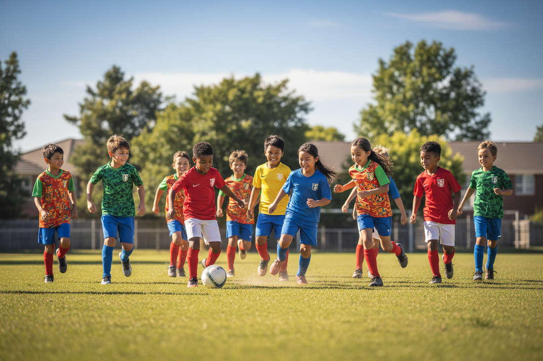 Boys and girls playing football together outdoors in colourful kits on a sunny day