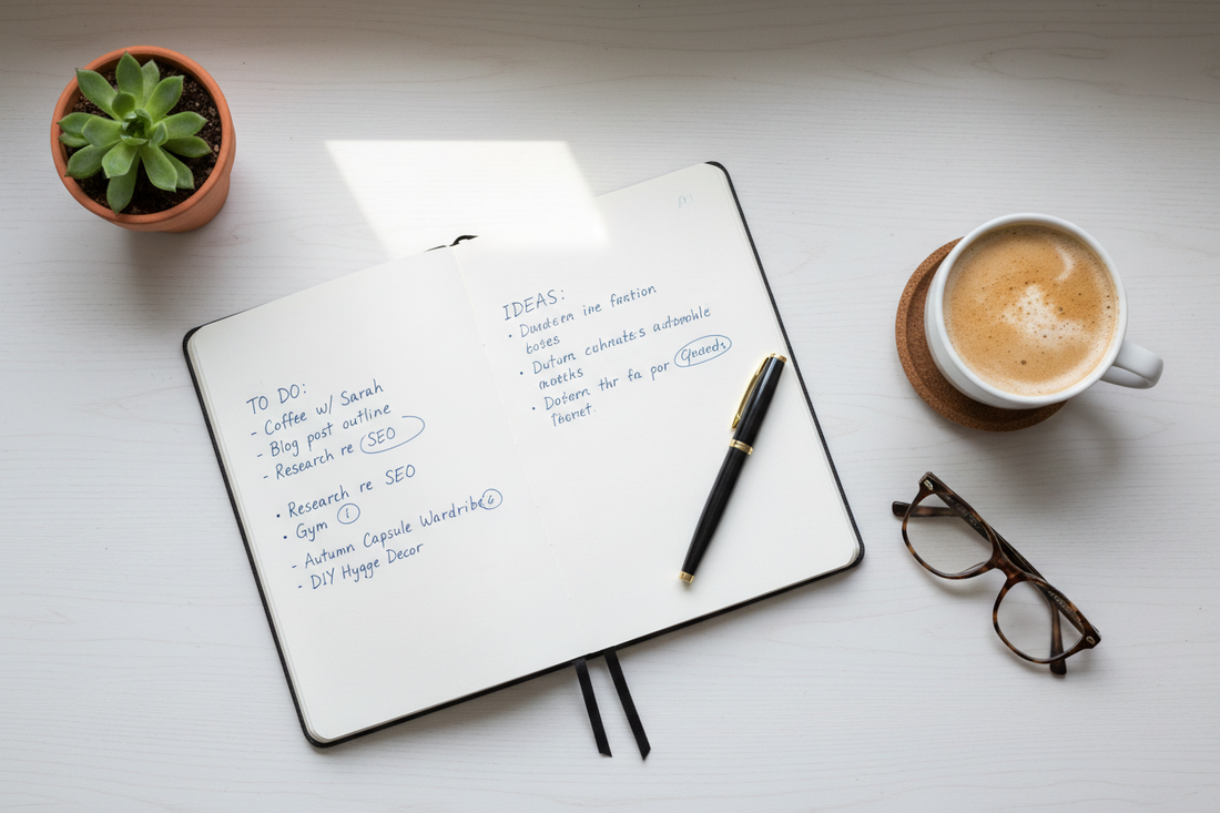 Flat lay of an open notebook with handwritten lists, a pen, coffee cup and plant on a white desk
