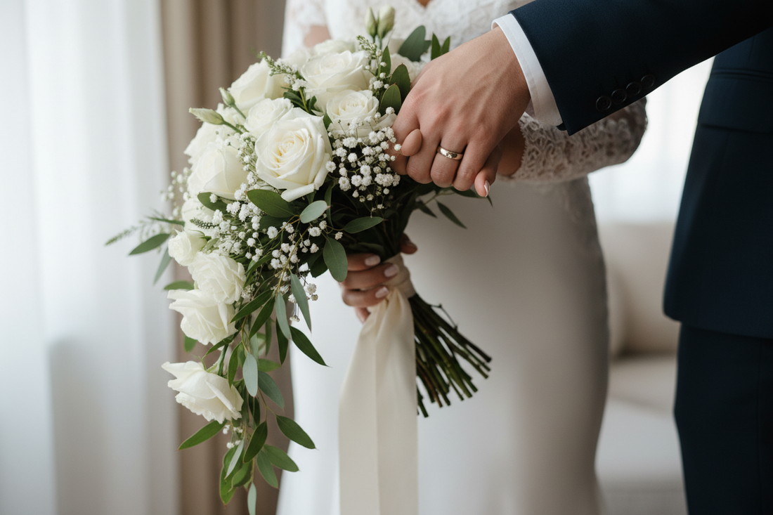 Bride and groom's hands together showing wedding rings and white flower bouquet on their wedding day