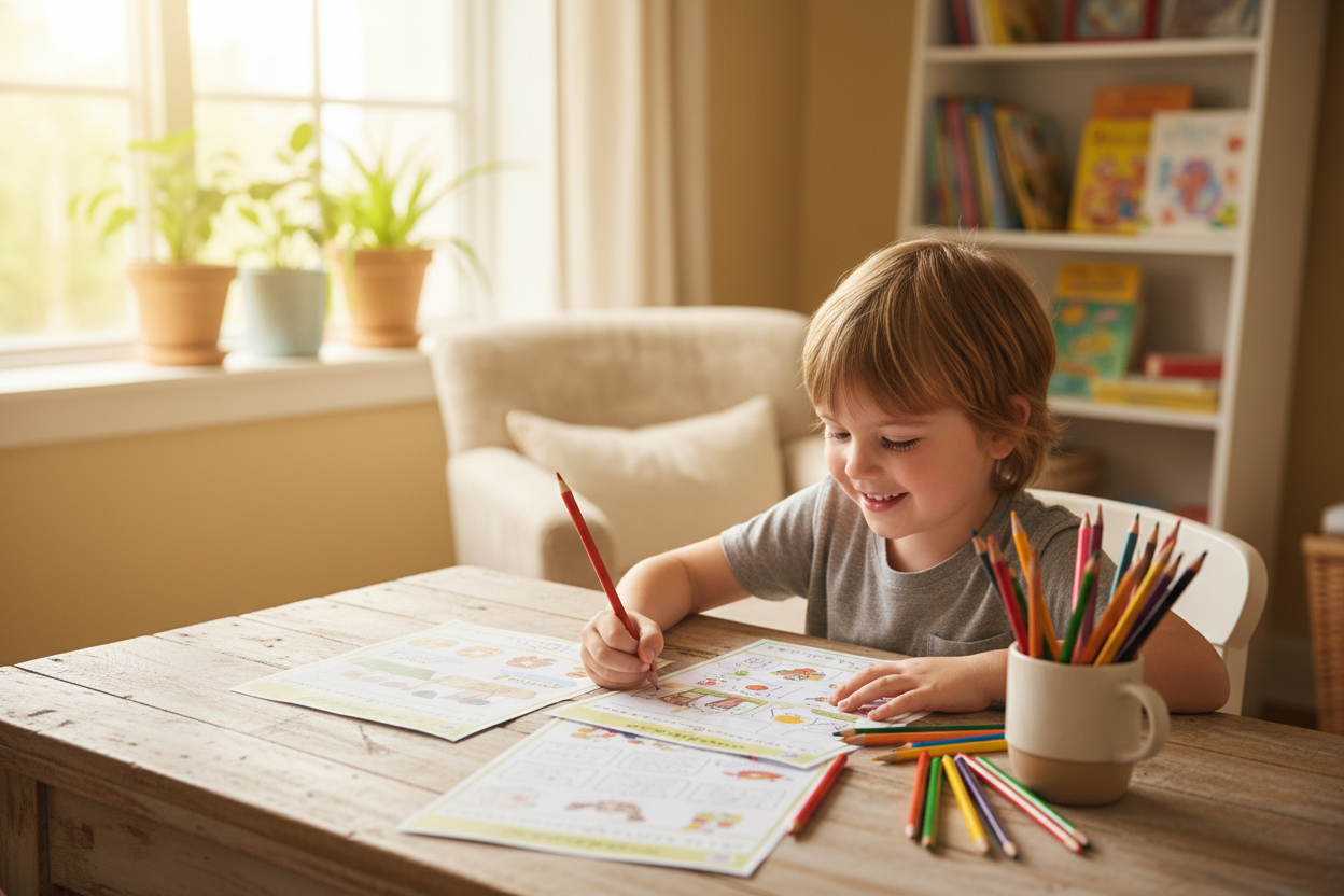 Child sitting at a home desk doing printable worksheets with colourful pencils