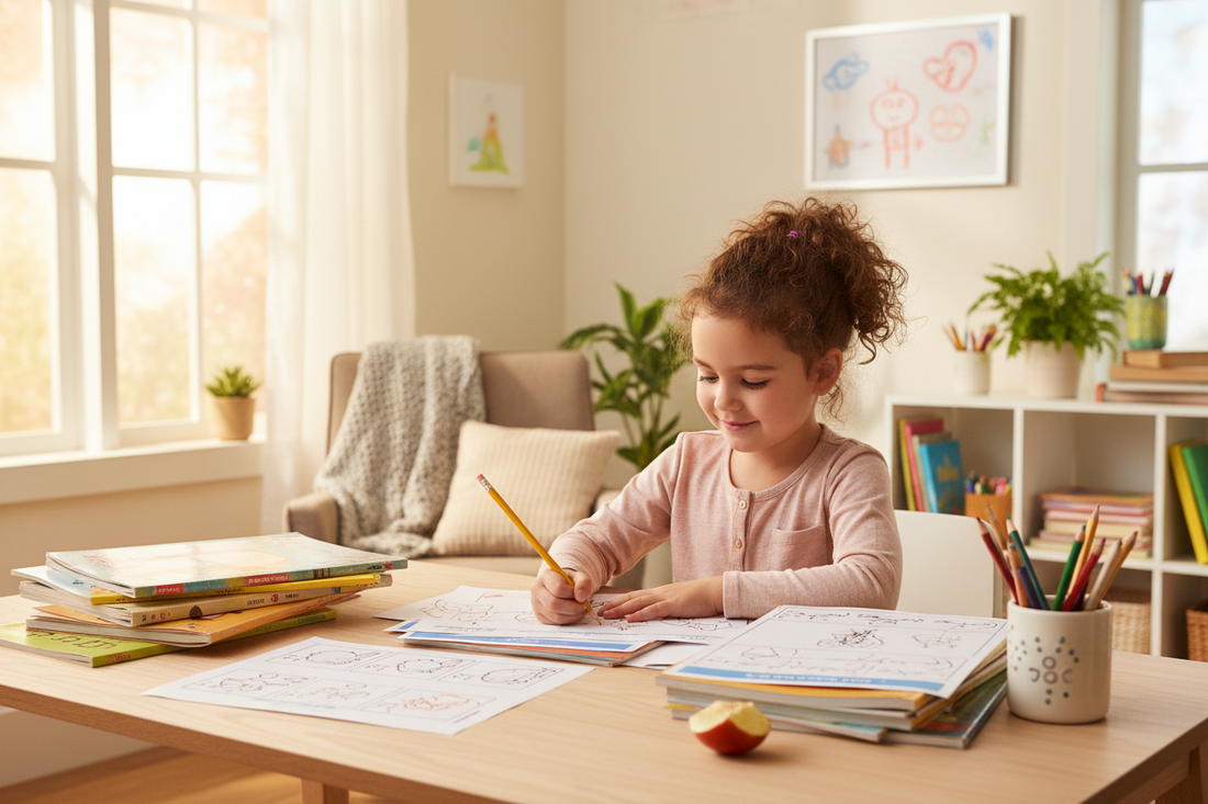 Child sitting at a desk at home doing educational worksheets with pencils and books