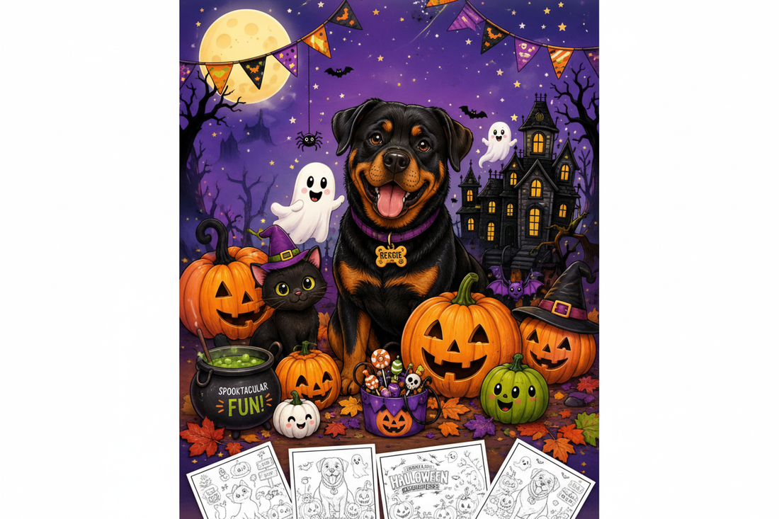 Reggie the Rottweiler and a cute black cat surrounded by Halloween pumpkins, ghosts and bunting - Reggie & co Halloween printables for kids