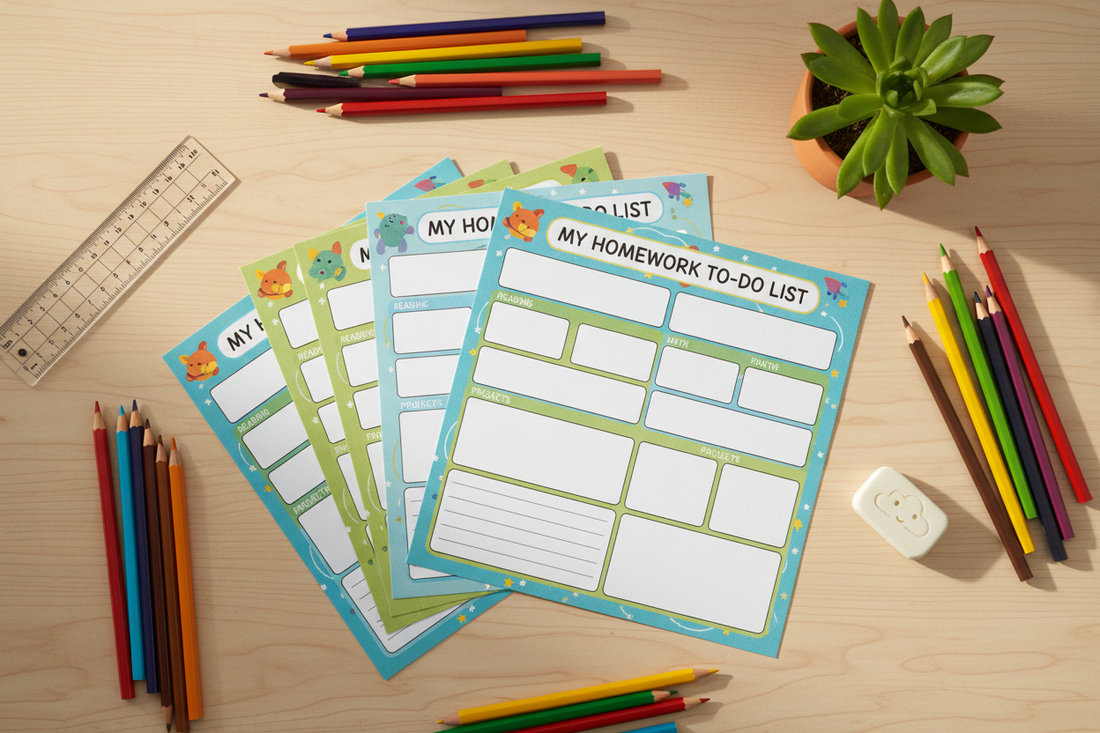 Printable homework planners for kids on a desk with colourful pencils and stationery