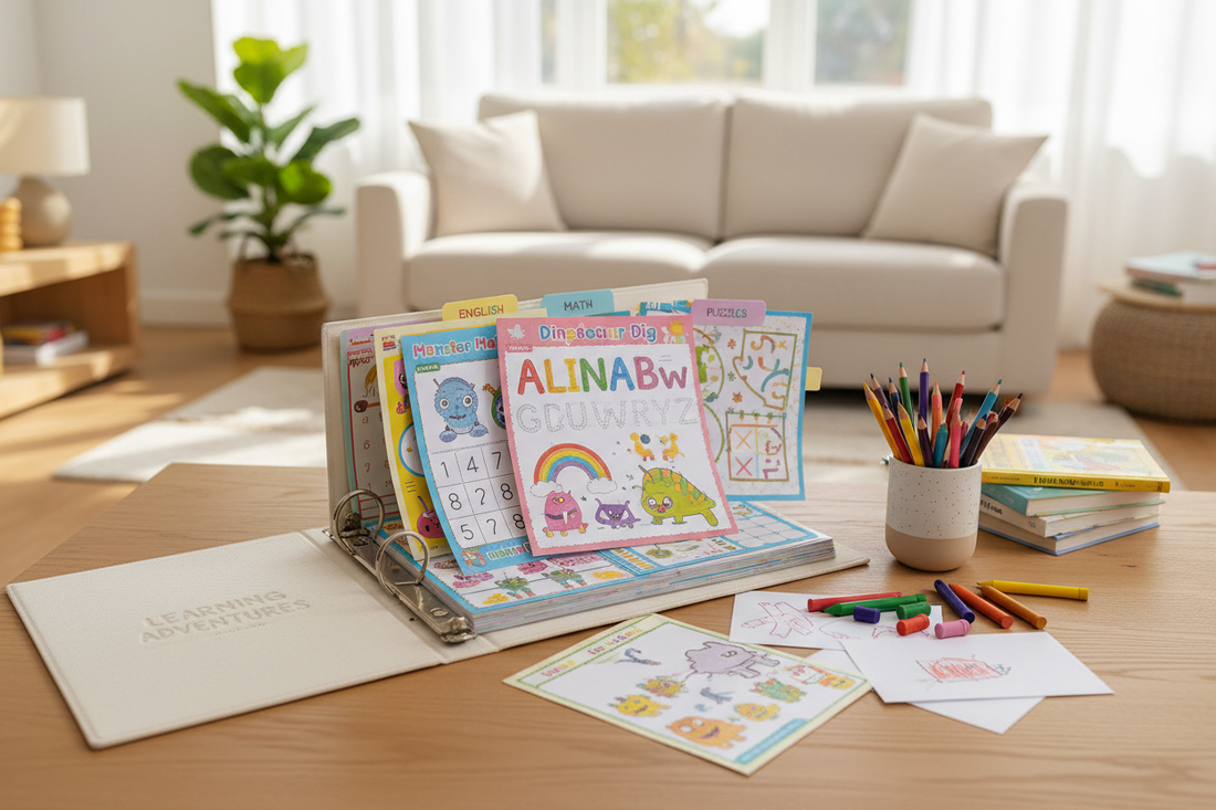 Open A4 ring binder filled with printed kids activity sheets and colourful divider tabs on a home desk