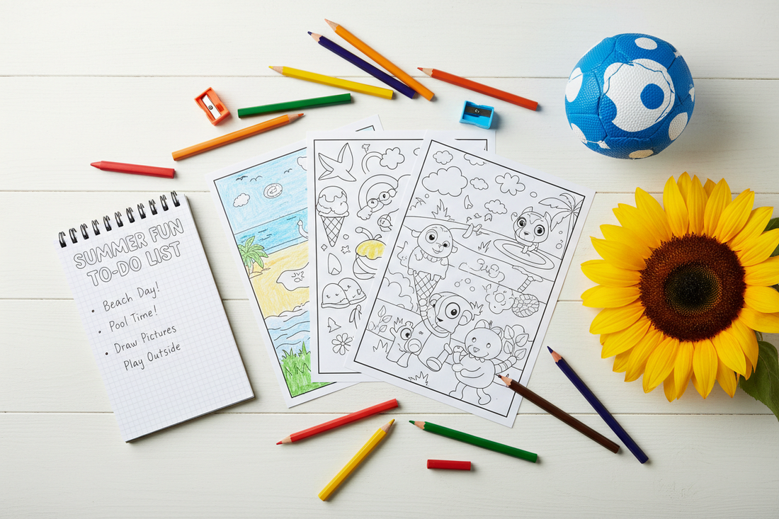 Flat lay of kids' summer holiday screen-free activities including printable colouring pages, a to-do list notepad, pencils, crayons and a football on a white wooden table