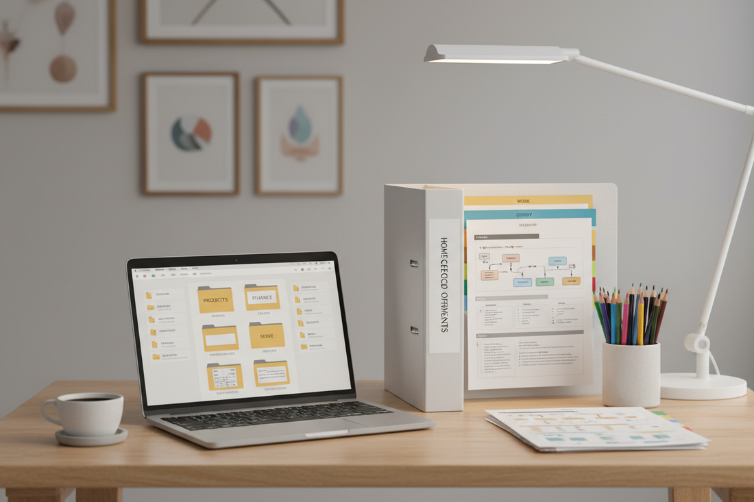 Neatly organised A4 binder with printed worksheets and dividers on a tidy home desk