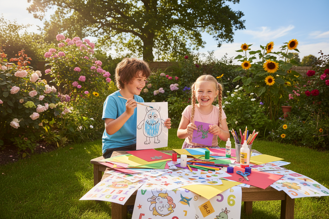 Two children enjoying summer holiday activities outdoors with printable craft pages on a garden table