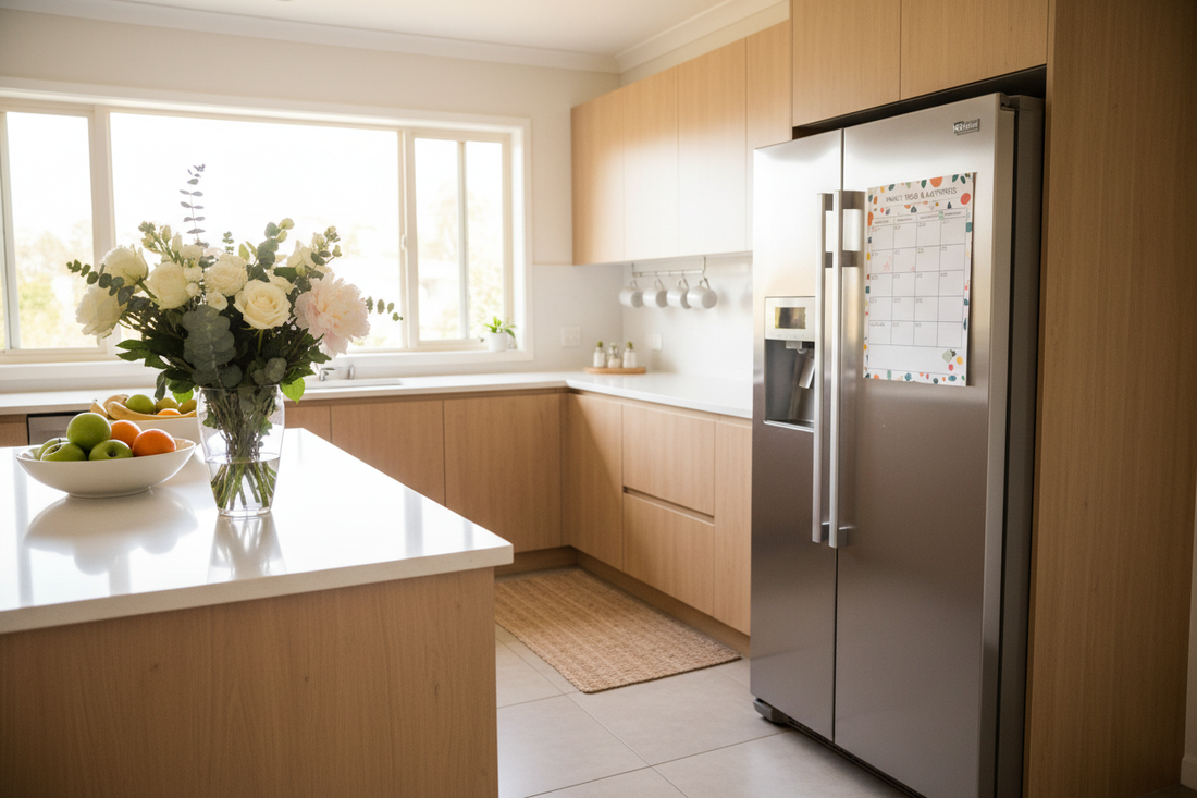 Bright tidy family kitchen with natural light, fresh flowers on the counter and a weekly planner on the fridge