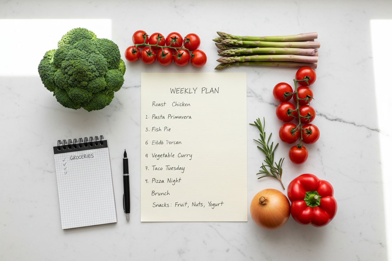 Open food journal with handwritten meal entries, a pen, glass of water and fresh fruit on a white desk