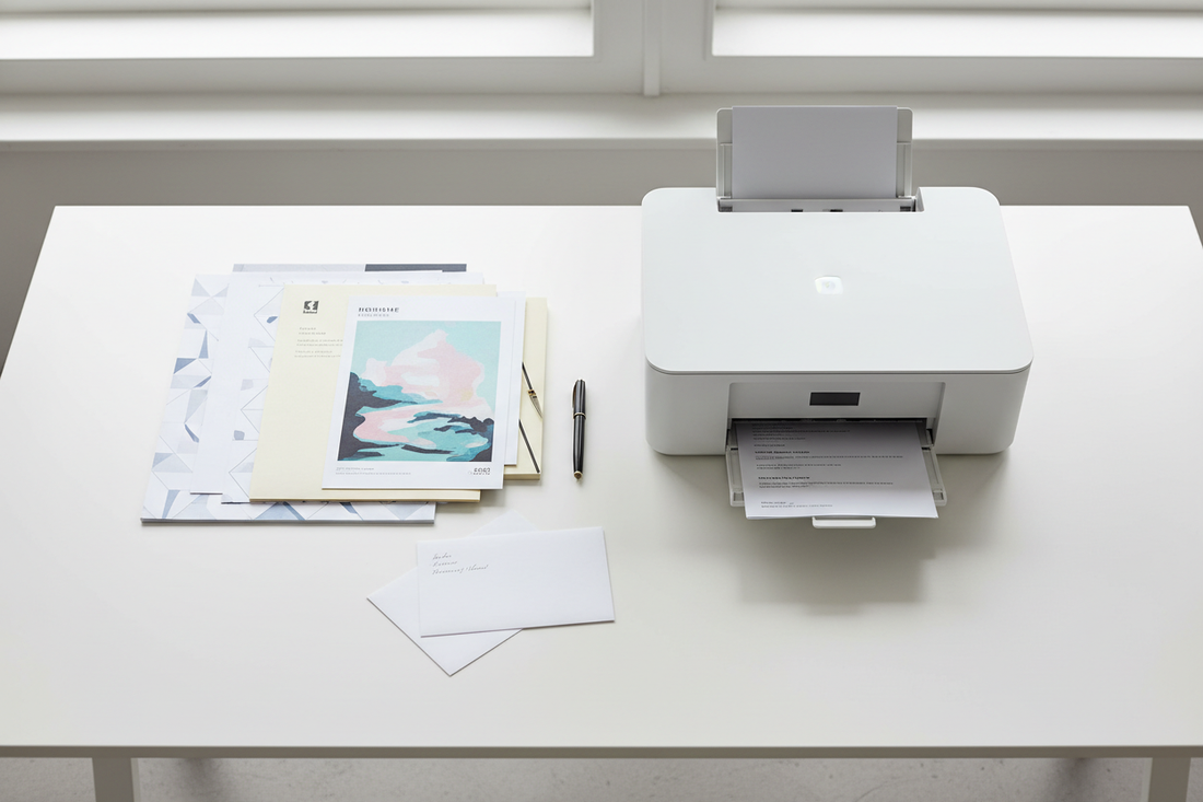 A home printer with printed PDF documents on a white desk