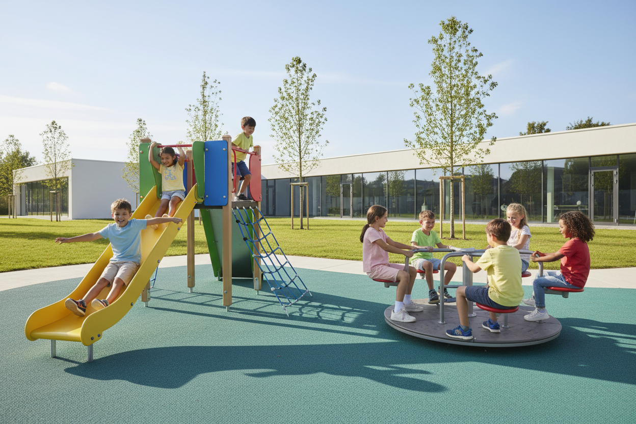 School kids playing together outdoors on a sunny day