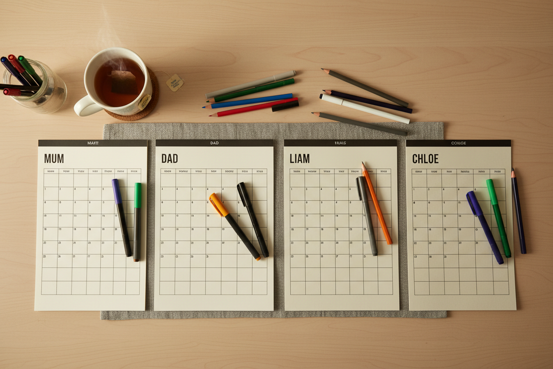 Family kitchen table with multiple printed weekly planners, pens and a mug of tea laid out for a Sunday reset routine
