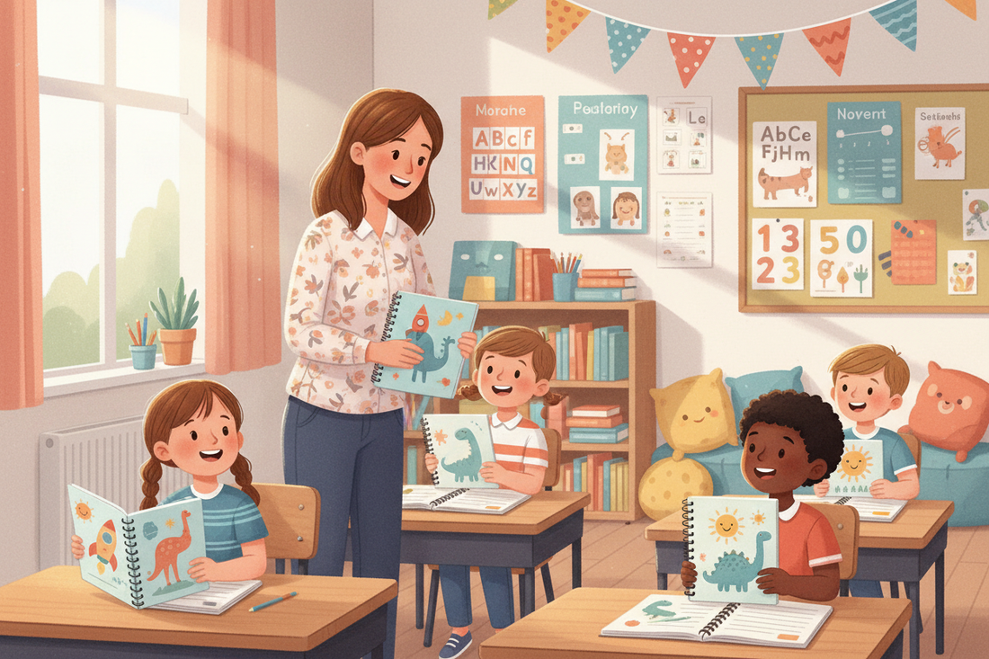 A primary school teacher handing printed planners to pupils in a classroom