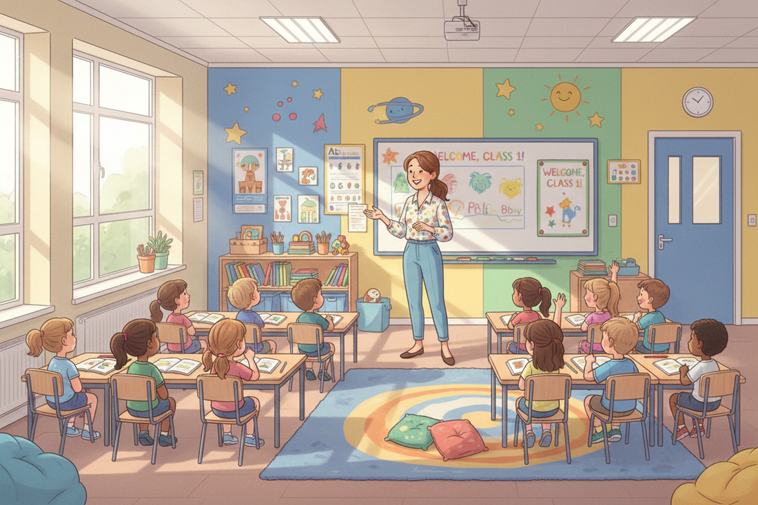 A teacher standing in front of a primary school classroom, smiling at her pupils