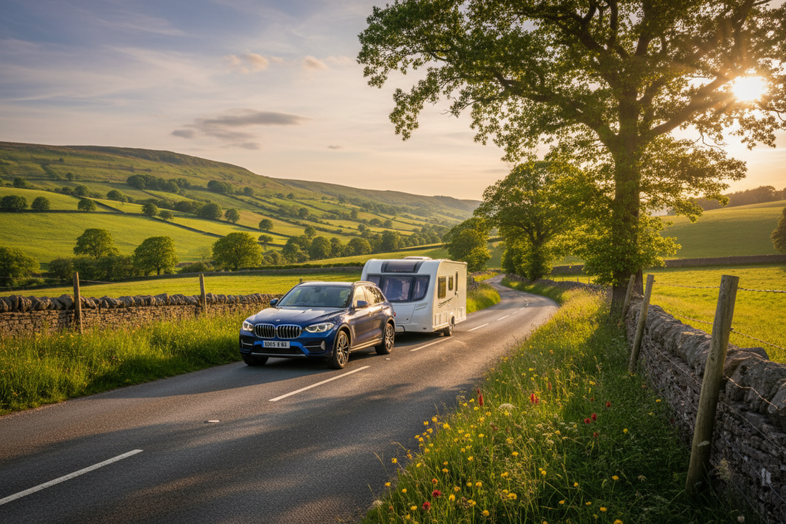 A tow car pulling a caravan along a scenic UK countryside road