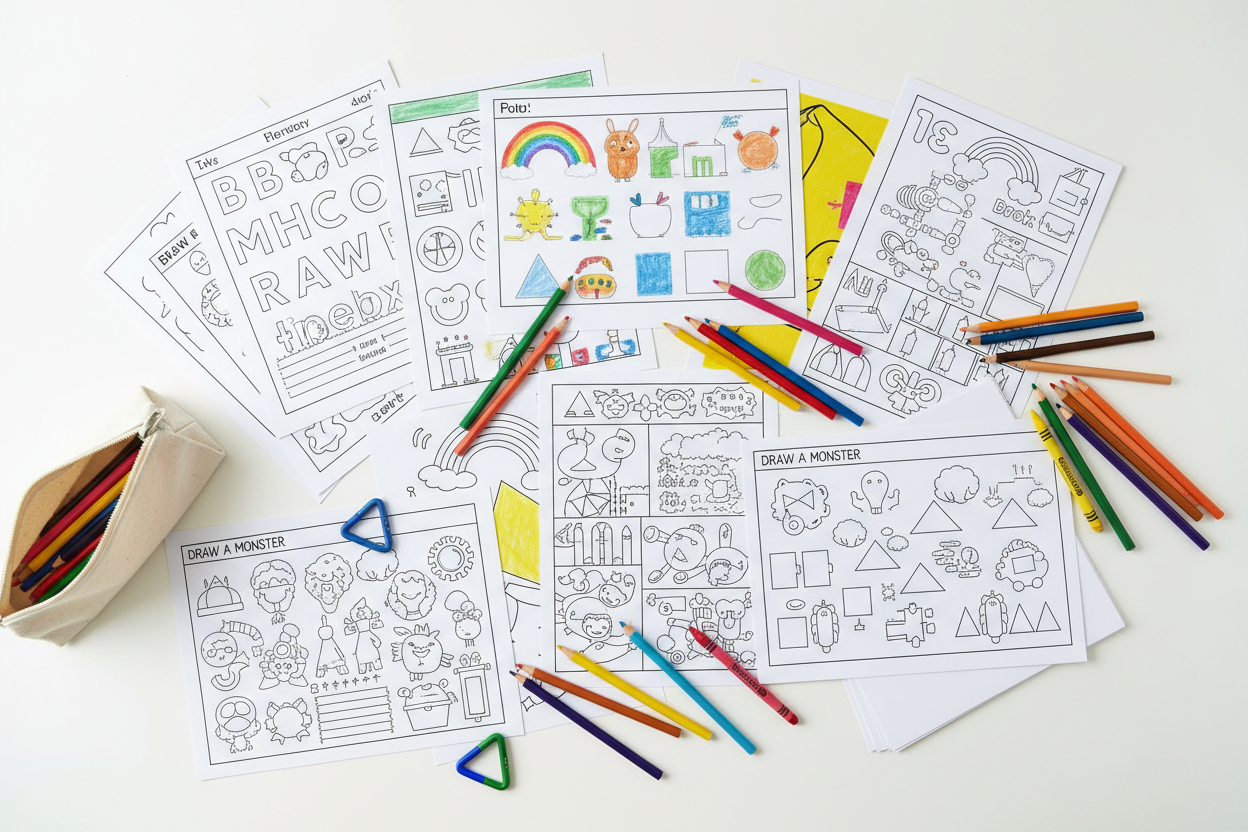 Colourful printed kids worksheets and activity sheets laid out on a desk with pencils and crayons