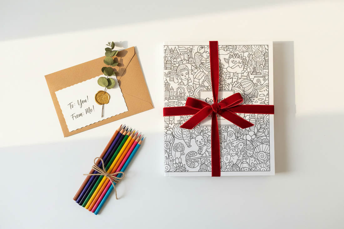 Beautifully presented printable gifts including a ribbon-tied colouring book, kraft paper envelope and handwritten gift tag