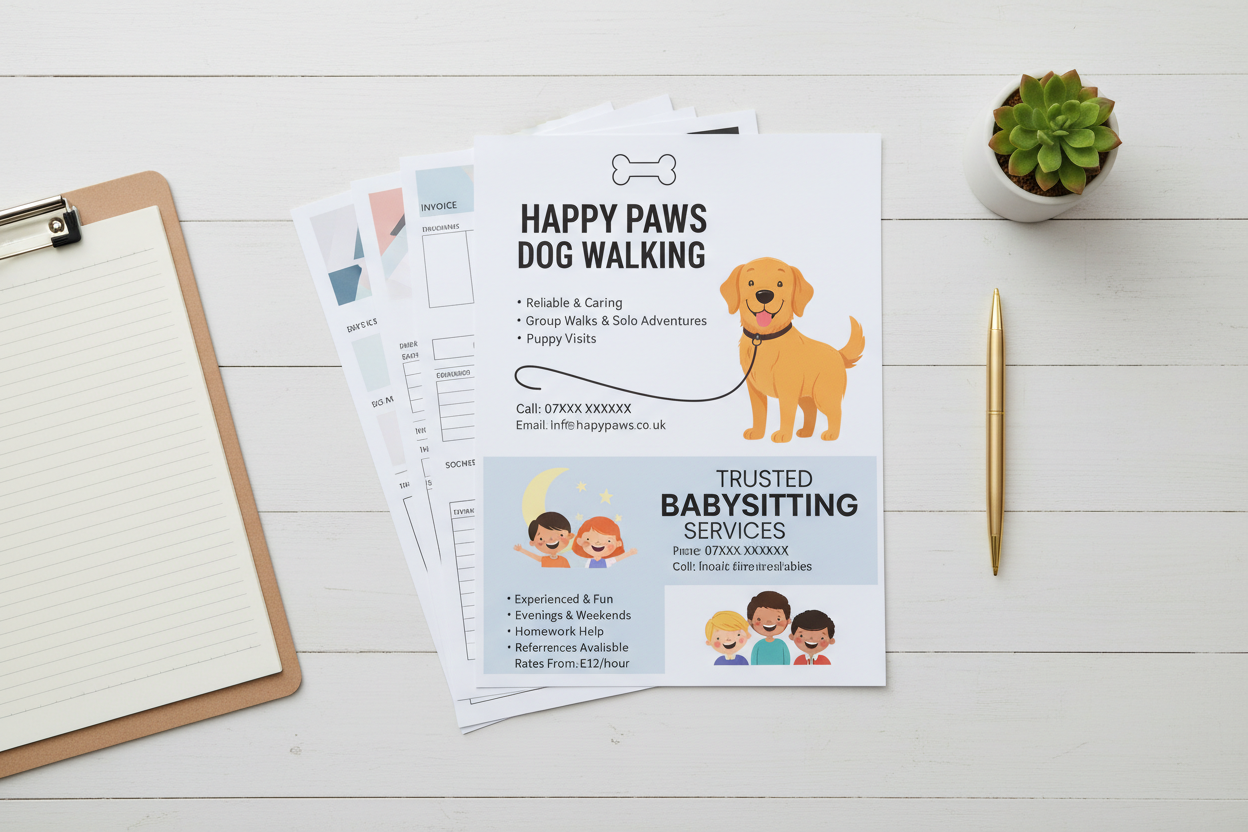 flyer with a dog picture on a neat desk