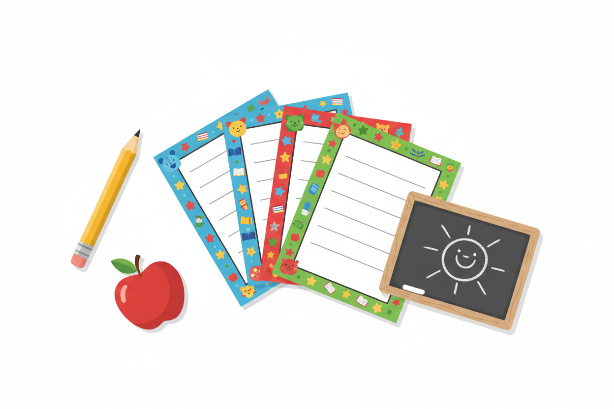 Colourful flat-lay of printable classroom worksheets, a pencil, apple, and chalkboard on a white background