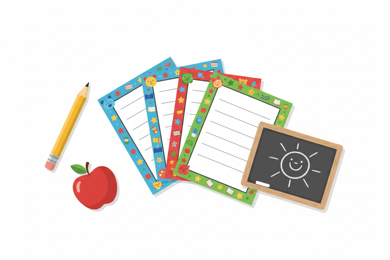Colourful flat-lay of printable classroom worksheets, a pencil, apple, and chalkboard on a white background