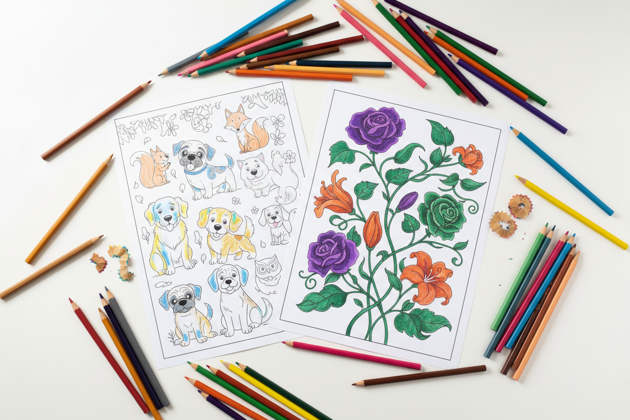adult and kids colouring pages and crayons