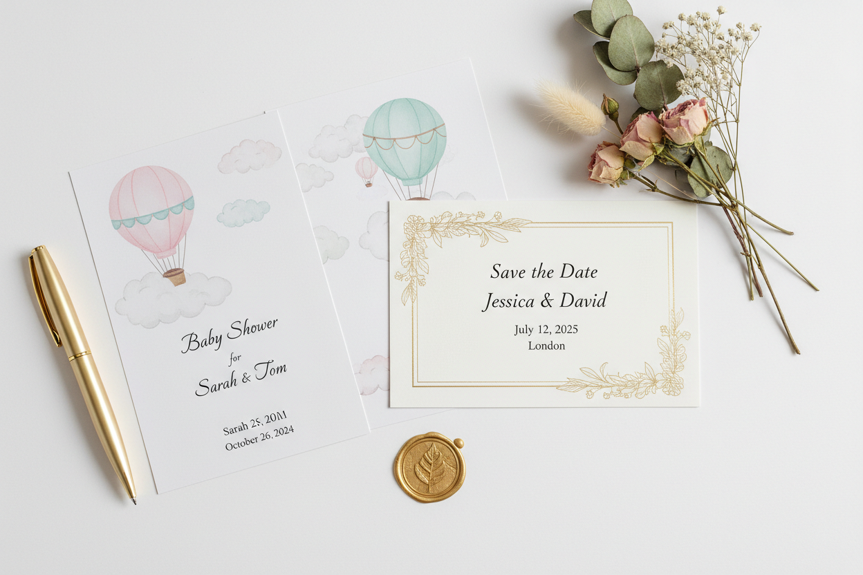 invitations on a desk with a pen and flowers