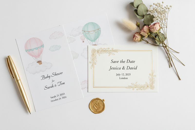 invitations on a desk with a pen and flowers