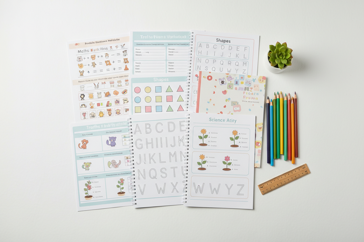 childrens work sheets on a desk with pencils