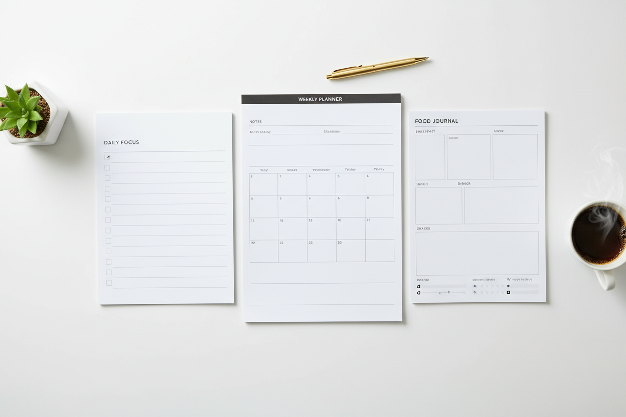 planners on a clean Modern desk 