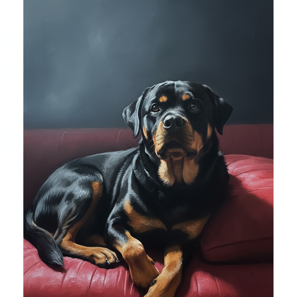 Rottweiler dog sitting in a chair 