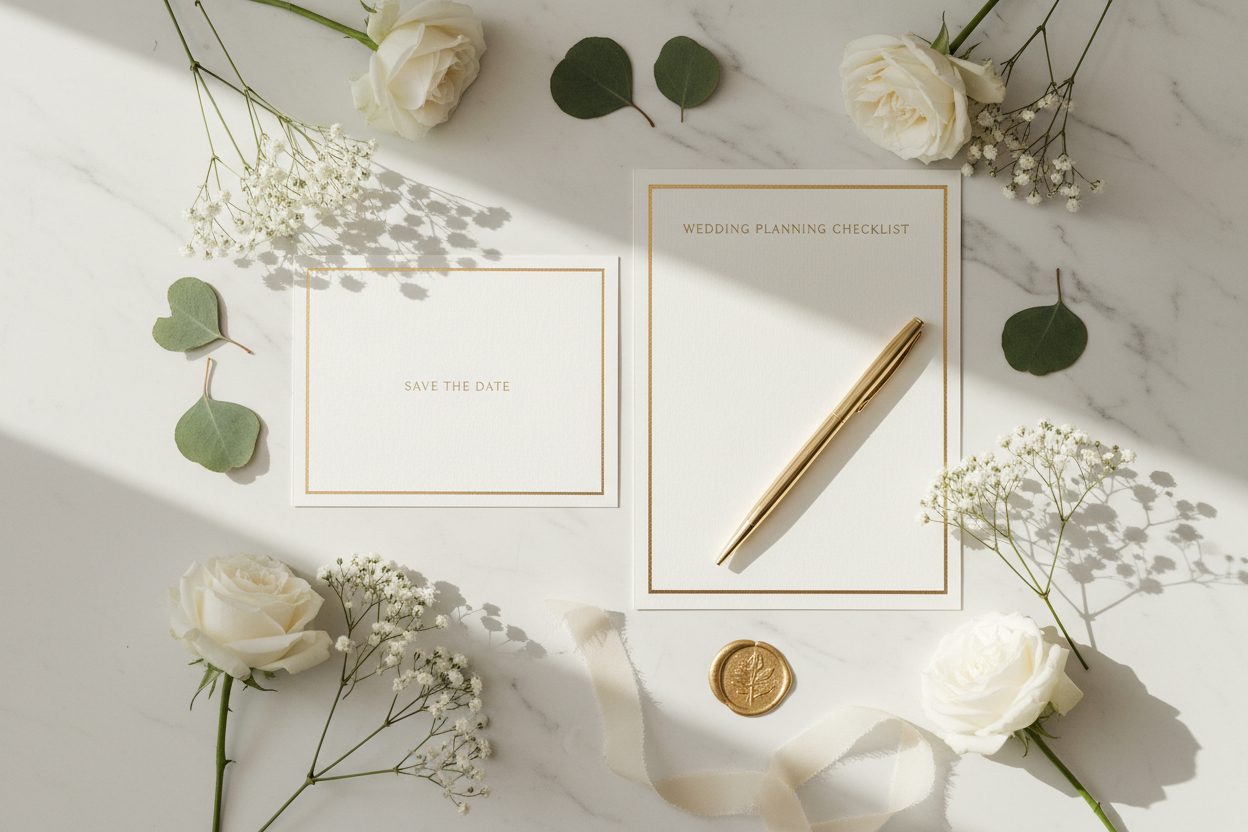 wedding stationary on a desk surrounded by flowers
