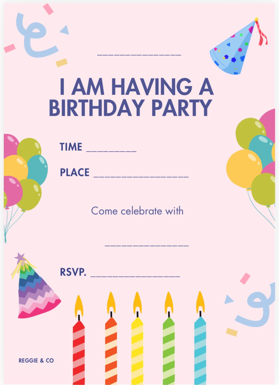 Pink kids birthday party invitation printable PDF