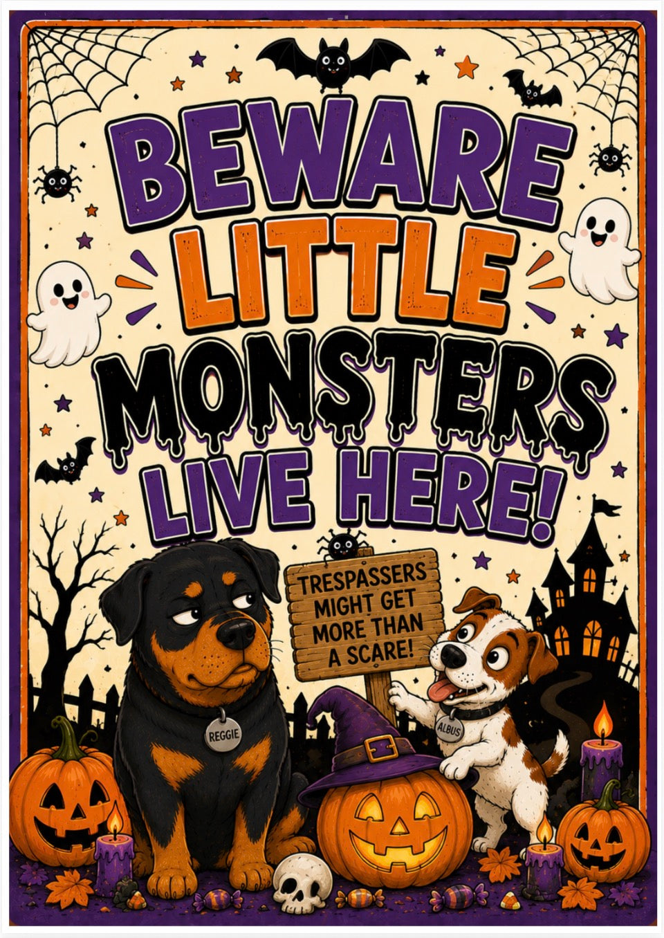 A Halloween-themed warning sign with the text 'BEWARE LITTLE MONSTERS LIVE HERE!' in purple and orange lettering. The sign features cartoon illustrations of a Rottweiler dog and a terrier dog among jack-o'-lanterns, candles, ghosts, bats, and a haunted house on a cream background with a purple border.