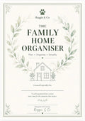 A family home organiser template from Reggie & Co featuring a watercolor leaf wreath, a small house illustration, and elegant typography on a cream background.