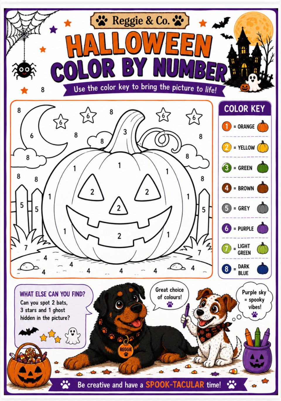 A Halloween-themed color-by-number activity sheet from Reggie & Co. The page features a large pumpkin, haunted house, spider, moon, stars, and two dogs, with numbered outlines and a color key on the right side.