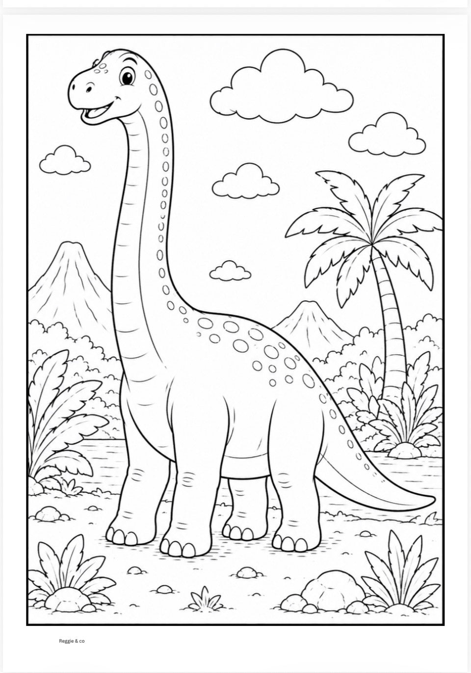 Coloring page with a dinosaur in a prehistoric landscape