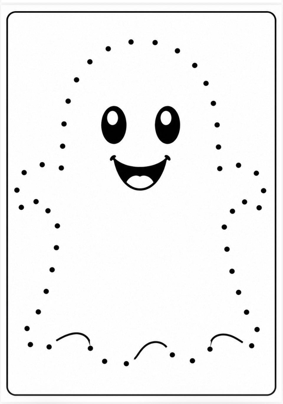 A black and white ghost-shaped dot puzzle or coloring template with a cute smiling face, shown on a white background with a thin black border.