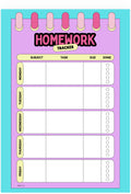 A colorful 'Homework Tracker' notepad page with a lavender background, pink and purple spiral-ring style tabs at the top, and columns for subject, task, due, and done for each day of the week.