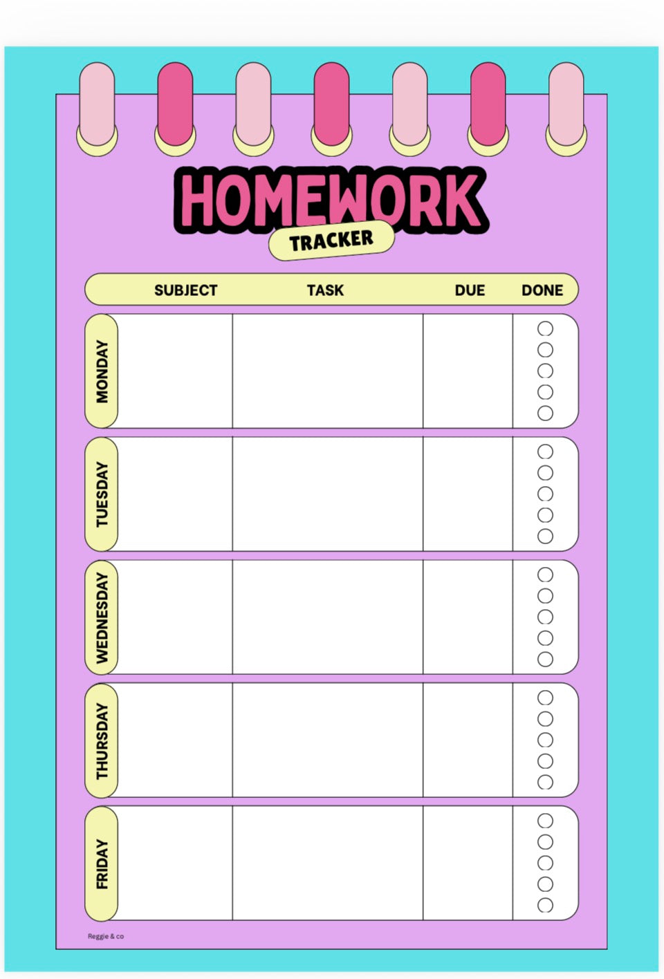 A colorful 'Homework Tracker' notepad page with a lavender background, pink and purple spiral-ring style tabs at the top, and columns for subject, task, due, and done for each day of the week.
