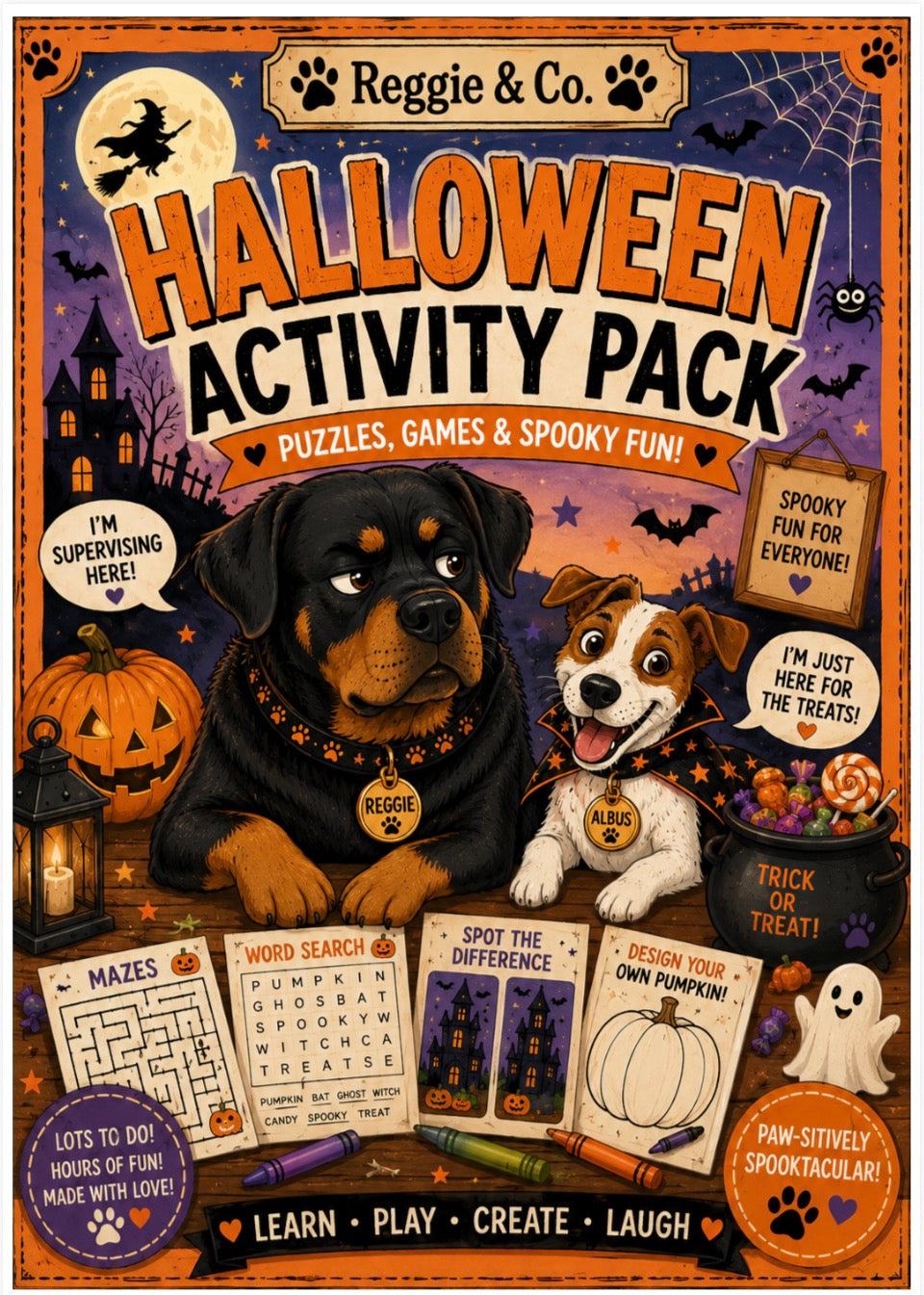 Front cover of the 'Halloween Activity Pack' by Reggie & Co., featuring a spooky illustrated scene with two dogs, pumpkins, a witch on a broomstick, and activity cards, all on an orange Halloween-themed background.