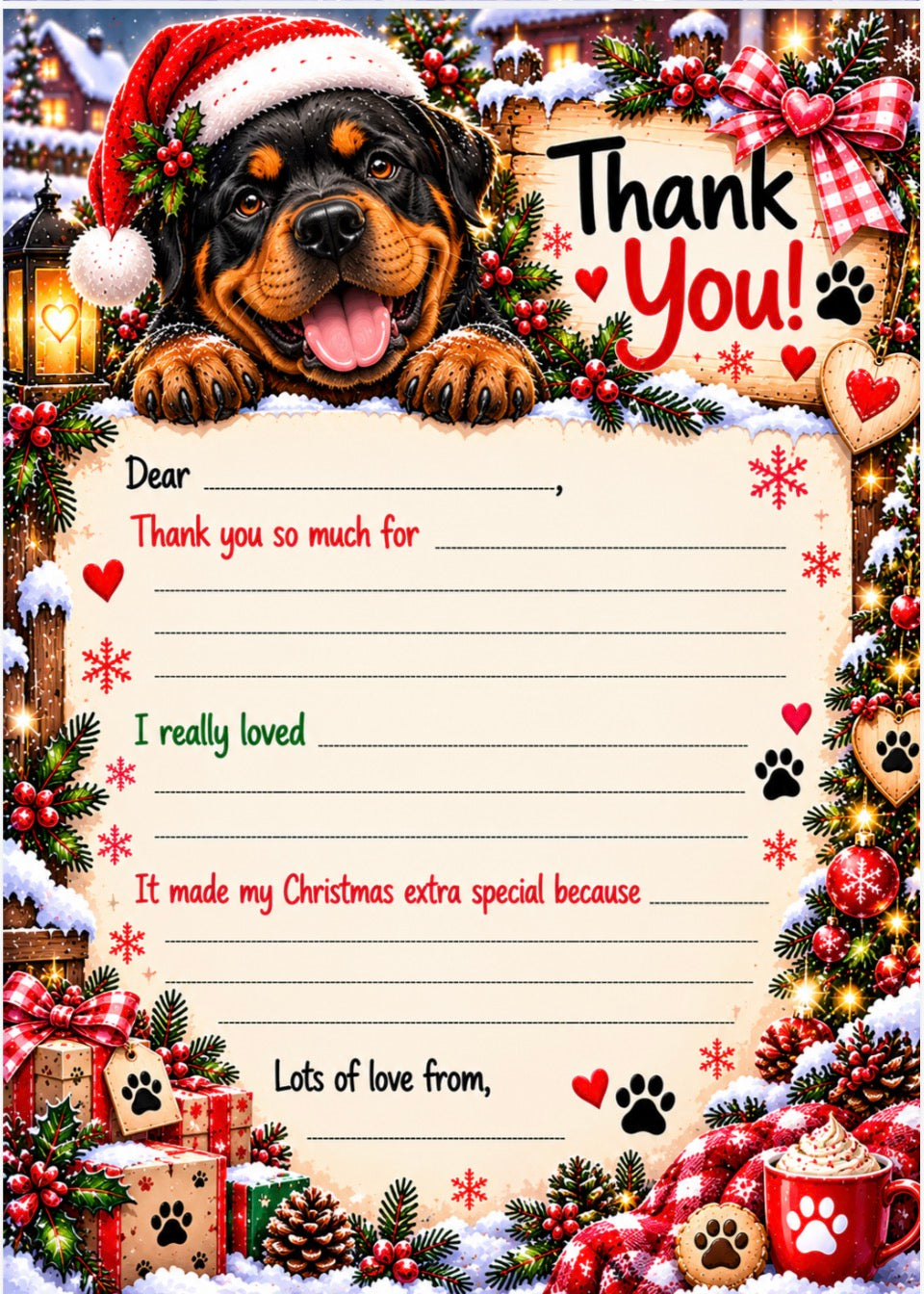A festive Christmas-themed holiday thank-you card template featuring a Rottweiler dog wearing a Santa hat, surrounded by snow, pine branches, ornaments, gifts, and writing lines with holiday text.