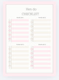 Checklist template titled 'Hen do' with multiple to-do lists on a light pink background.